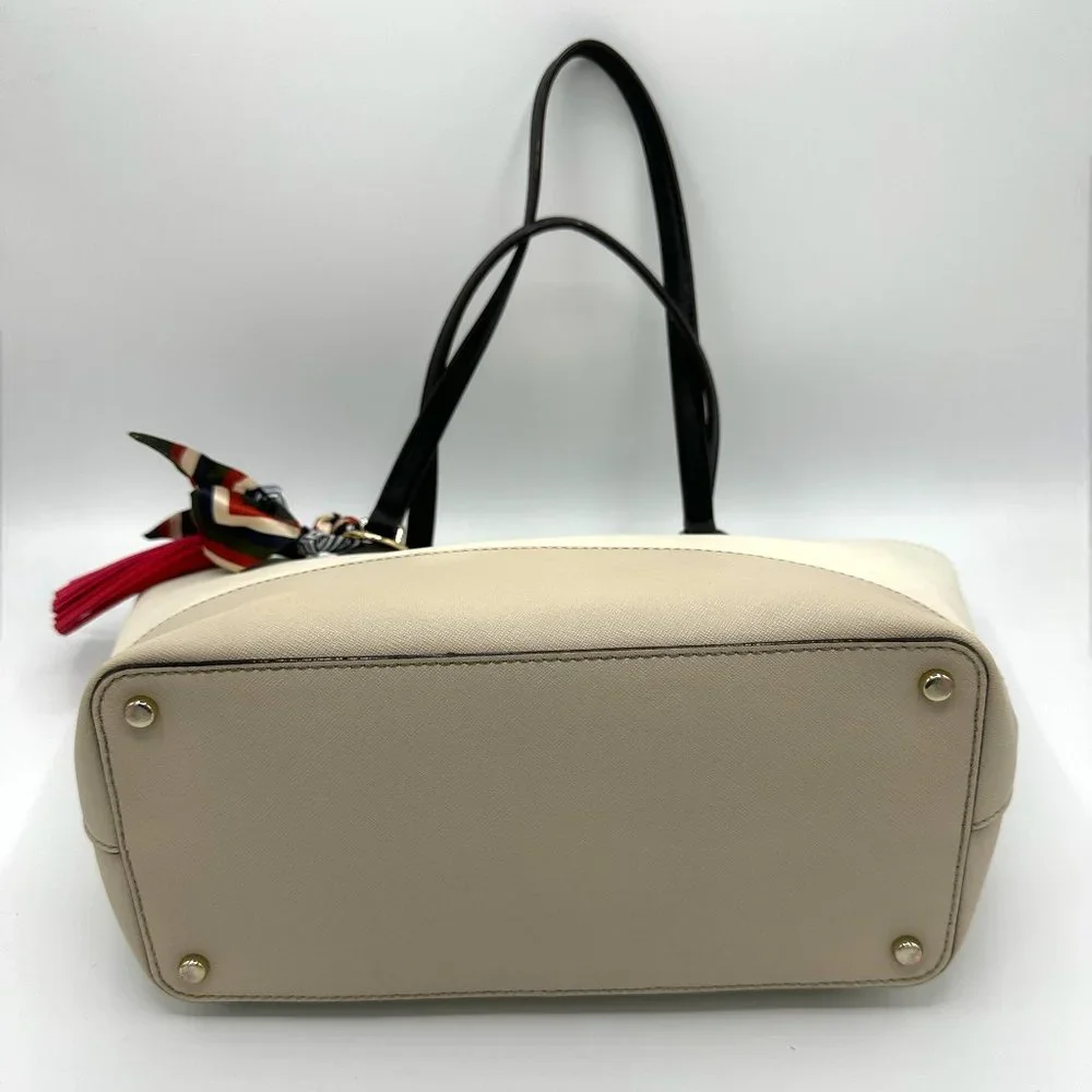 EUC Kate Spade Beige/Ivory/Black Colorblock Zip-Top Leather Tote + Bag Charm - Picture 10 of 16